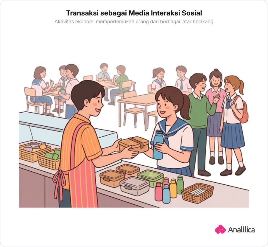 Murid lama dan murid pindahan berinteraksi akrab sambil bertransaksi di kantin sekolah