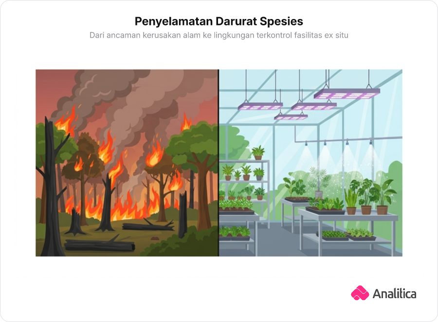 Ilustrasi perbandingan antara hutan terbakar yang terancam dan tanaman yang diselamatkan di dalam rumah kaca dengan pengatur suhu.