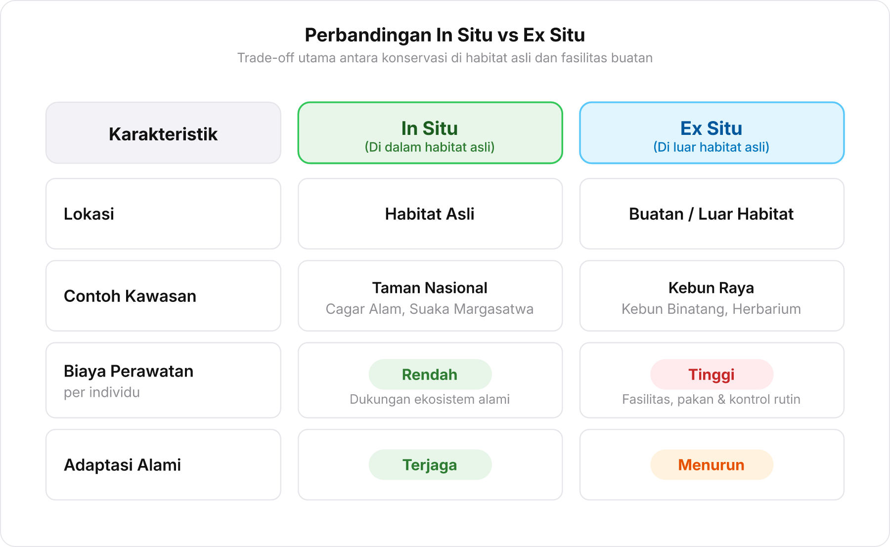 Diagram tabel perbandingan In Situ vs Ex Situ berdasarkan lokasi, contoh kawasan, biaya perawatan, dan adaptasi alami.