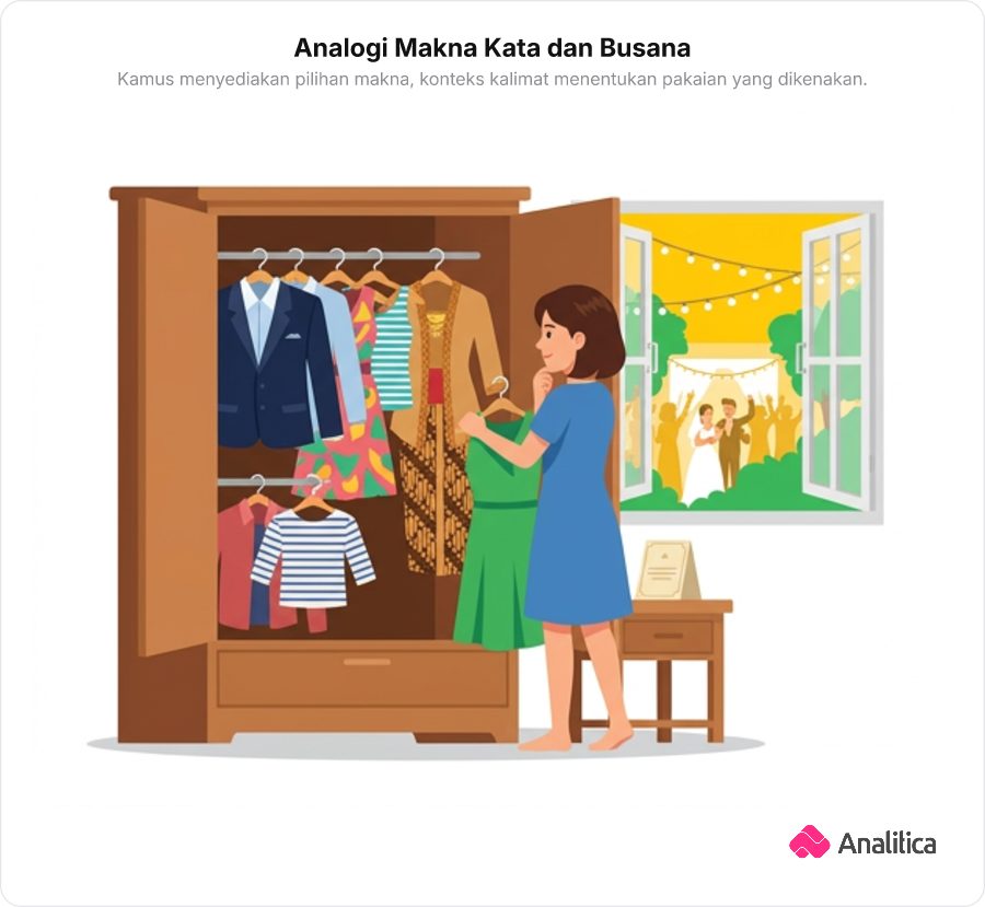Ilustrasi analogi seseorang memilih pakaian dari lemari untuk menghadiri acara tertentu, mencerminkan pemilihan makna leksikal sesuai konteks kalimat.