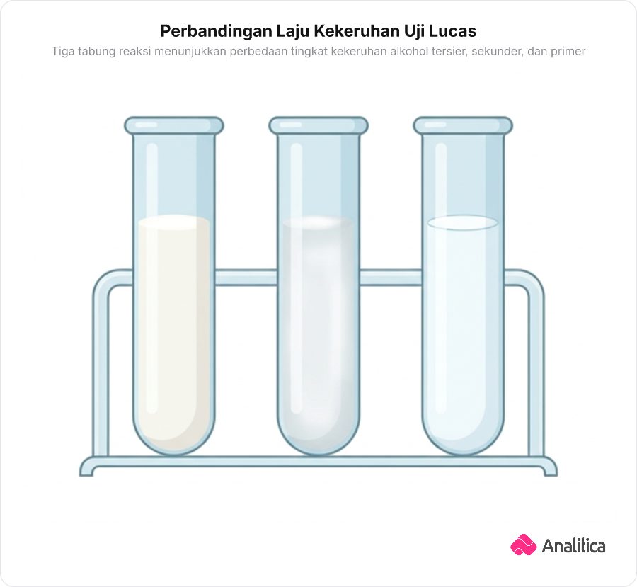 Tiga tabung reaksi berdampingan di rak laboratorium yang menunjukkan perbedaan kekeruhan larutan alkohol setelah ditetesi reagen Lucas.