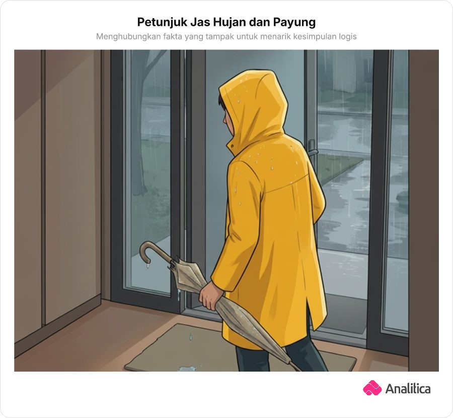 Seseorang mengenakan jas hujan dan memegang payung basah di depan pintu masuk.
