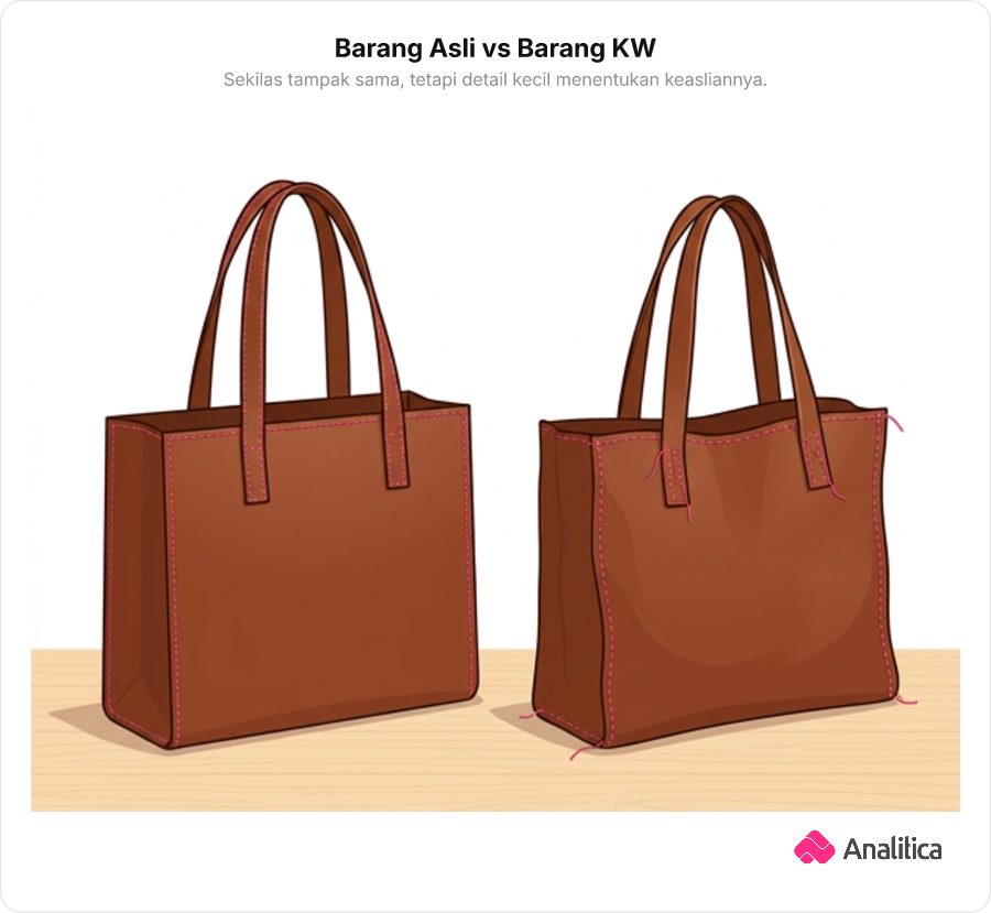 Dua tas bergaya tote bag berdiri berdampingan: satu tas asli dengan jahitan presisi dan rapi, sedangkan tas lainnya barang tiruan dengan detail jahitan miring dan aksen tidak simetris.