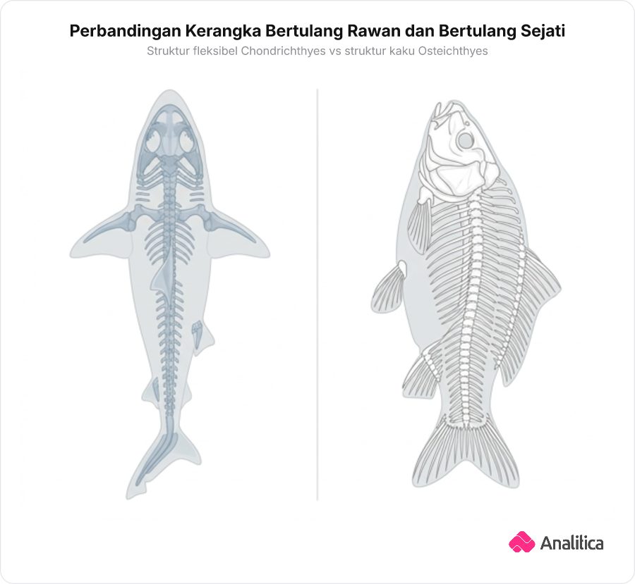 Ilustrasi perbandingan anatomi rangka hiu yang tersusun dari tulang rawan lentur dan rangka ikan bertulang sejati dengan duri keras yang kokoh.