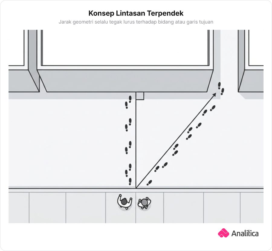 Dua rute menuju dinding: rute tegak lurus terpendek dibandingkan dengan rute miring sembarang yang lebih panjang.