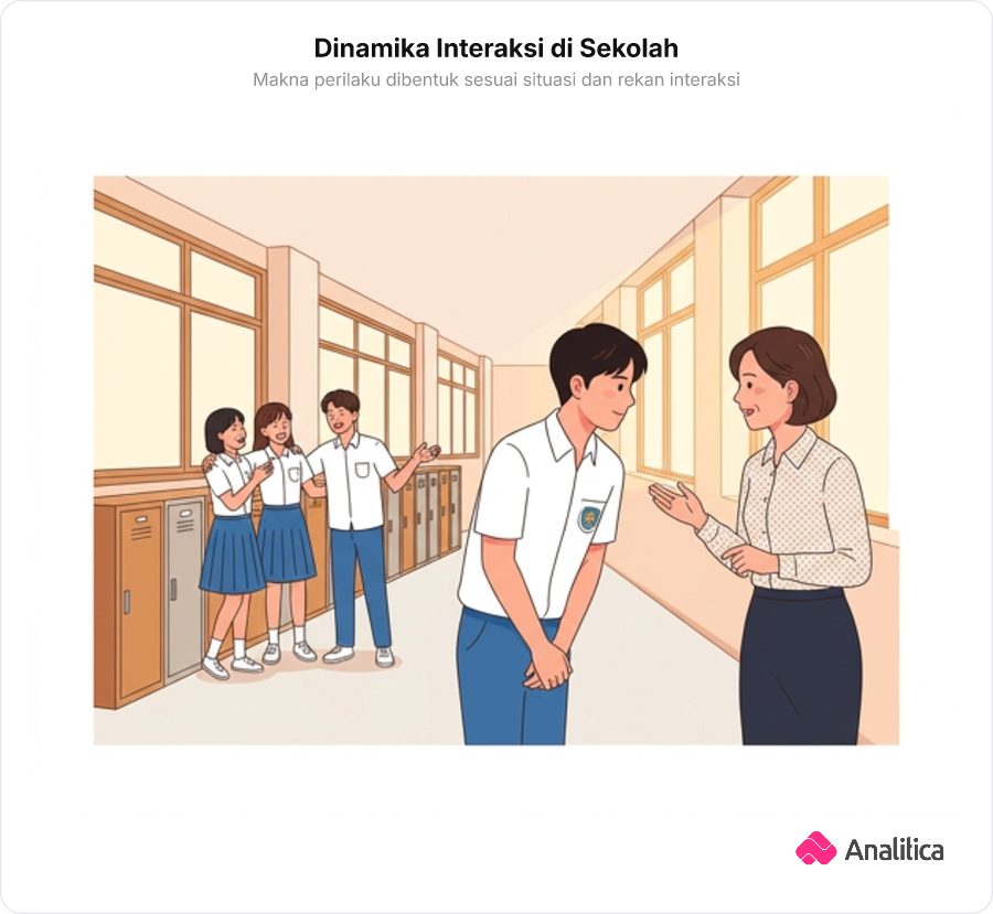 Ilustrasi dua suasana interaksi sosial yang berbeda di lingkungan sekolah.