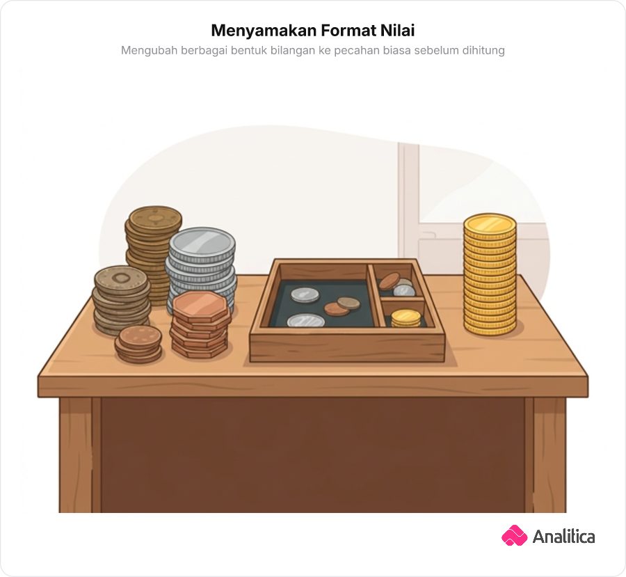 Ilustrasi berbagai jenis koin mata uang yang ditukarkan di meja teller bank menjadi satu jenis mata uang yang seragam