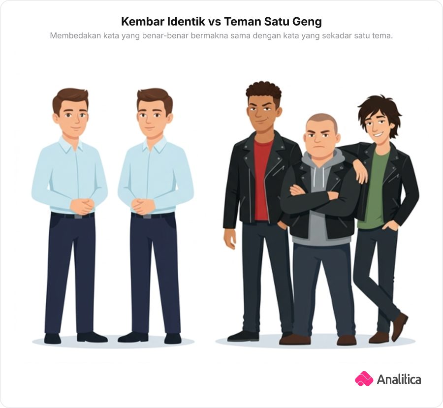 Ilustrasi analogi membedakan dua anak kembar identik yang mirip sempurna dengan sekelompok teman satu geng yang berbusana mirip namun memiliki wajah dan kepribadian berbeda.