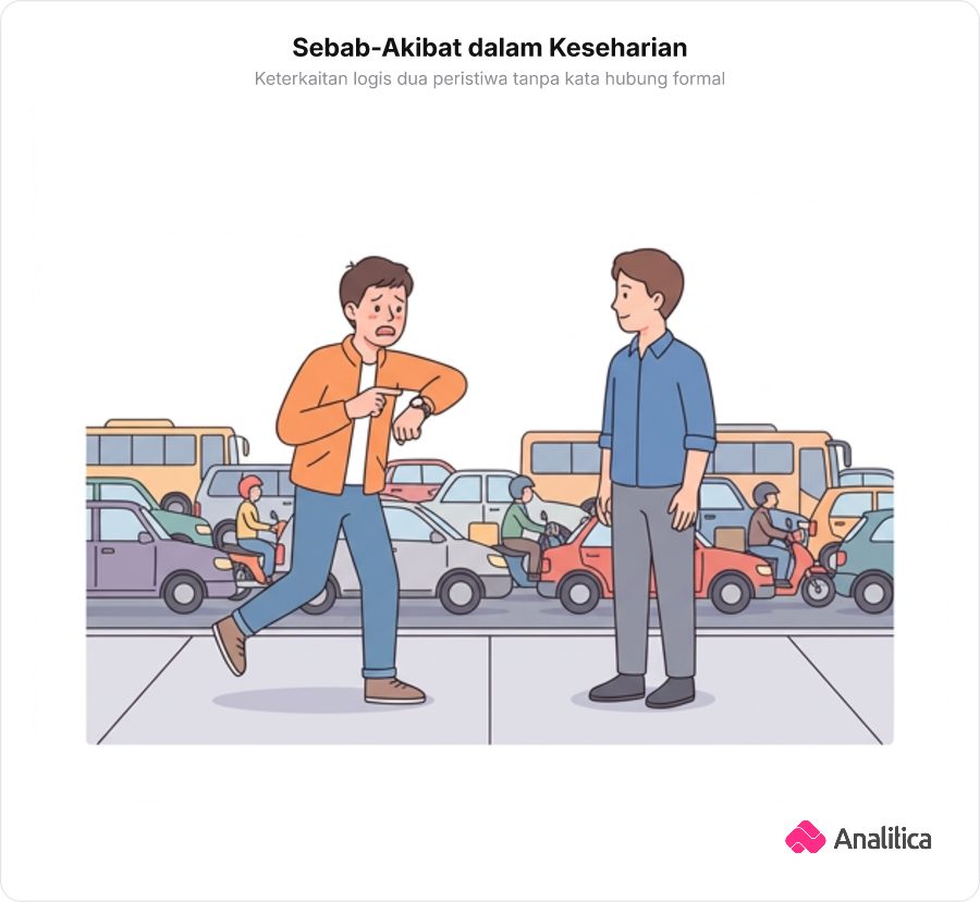 Dua orang mengobrol santai, satu orang menunjuk jam tangan dengan latar jalanan macet.