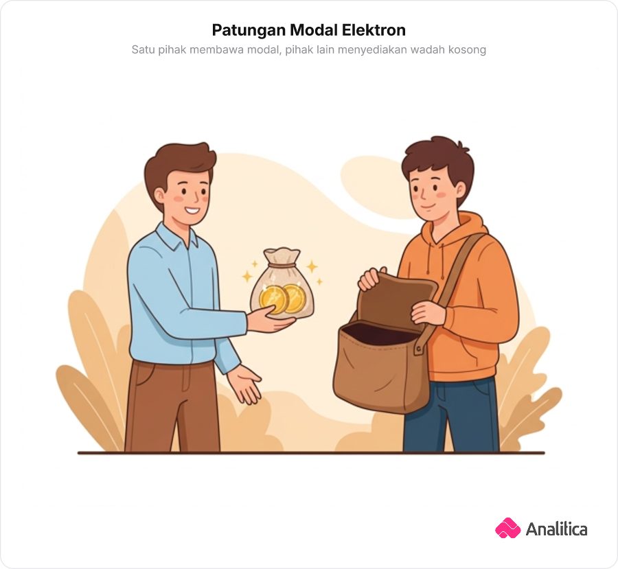 Dua karakter kartun sedang bernegosiasi modal usaha, satu membawa kantong berisi dua koin emas berkilau dan yang lain membawa tas kosong yang terbuka.