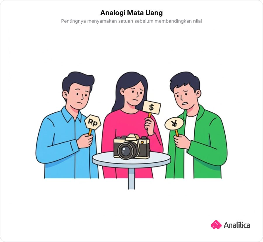 Tiga orang memegang label mata uang berbeda memandangi satu barang yang sama.