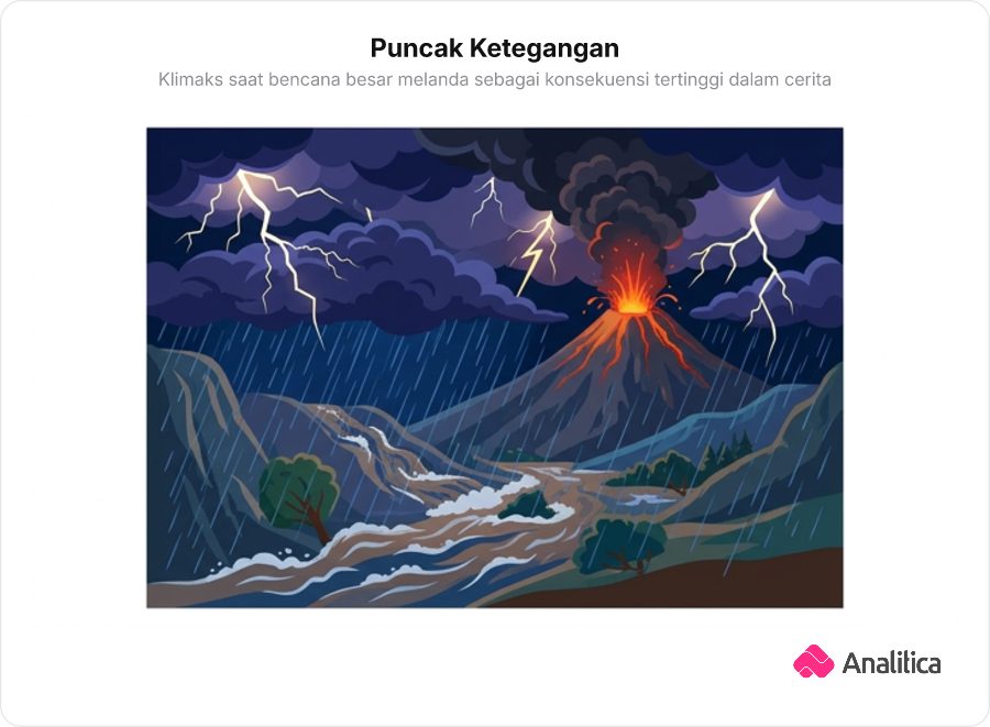 Letusan gunung berapi dahsyat dan badai menerjang wilayah perbukitan di malam hari.