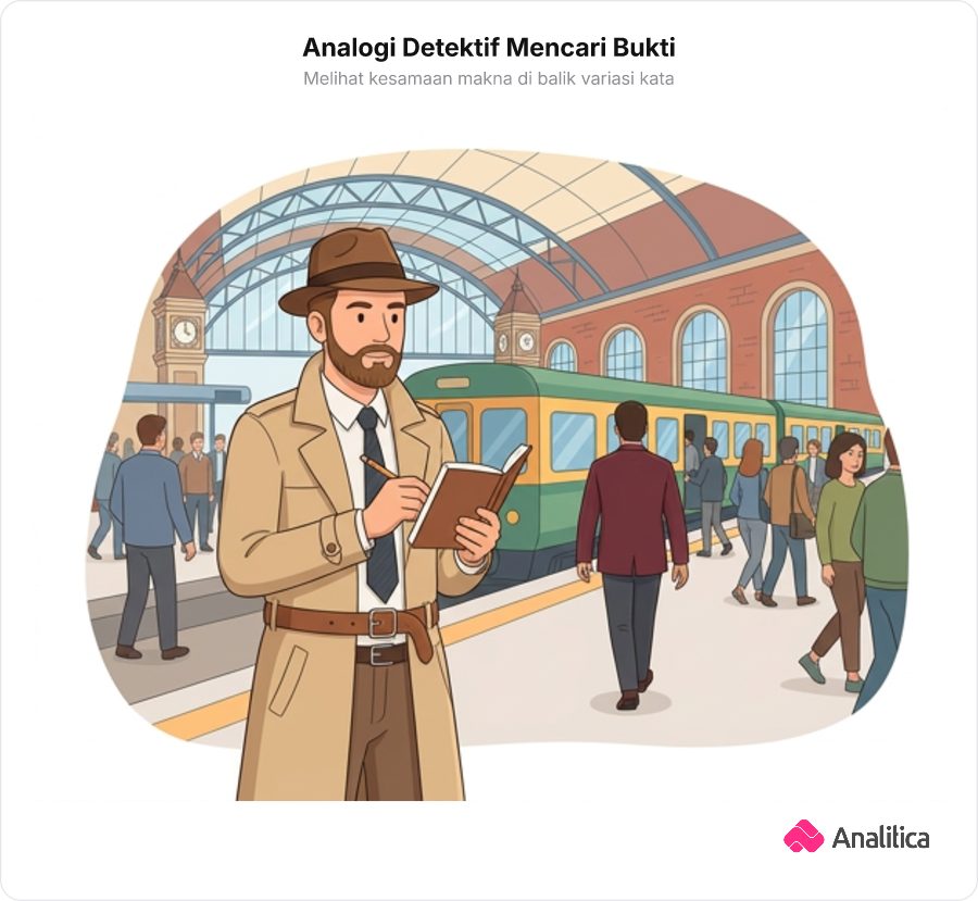 Seorang detektif memegang catatan deskripsi dan mengamati keramaian stasiun.
