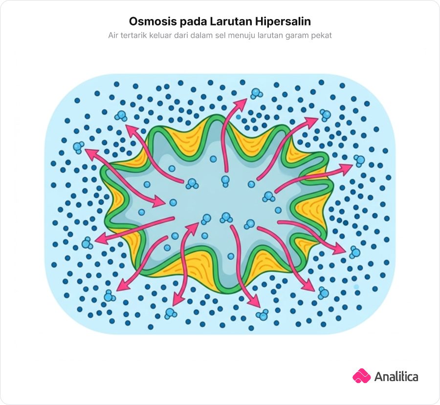 Ilustrasi sel biologis mengerut dalam larutan garam pekat akibat keluarnya air secara osmosis