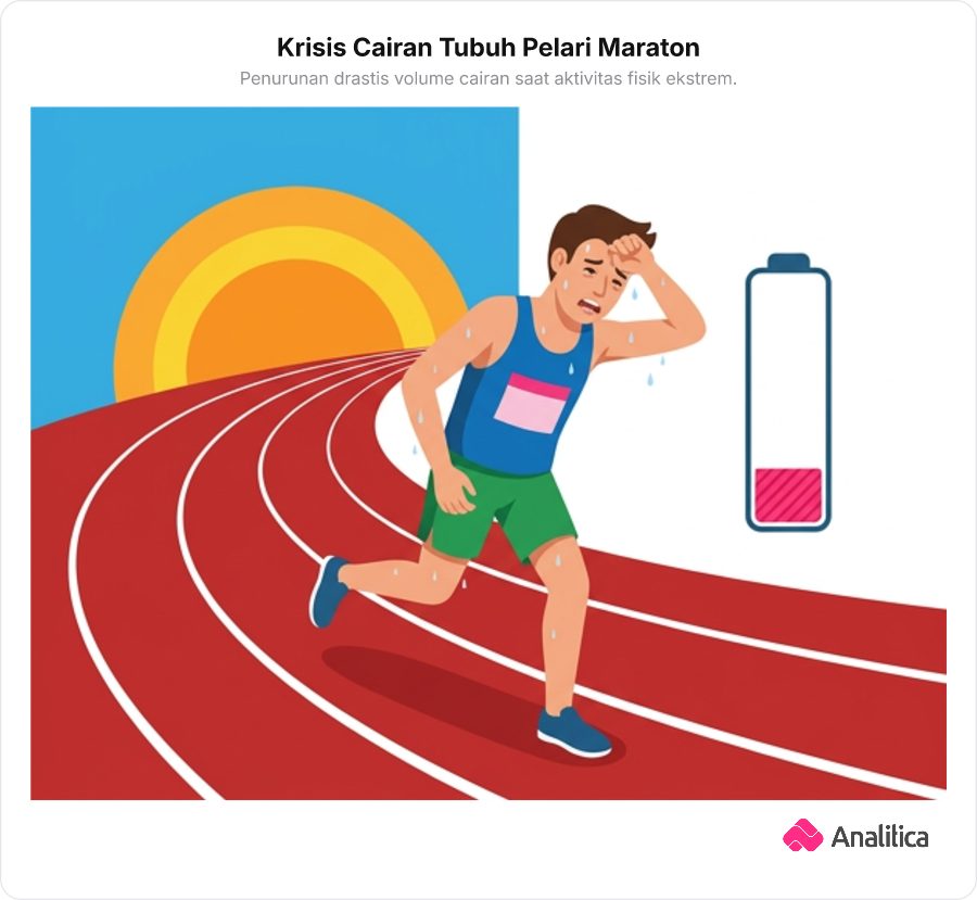 Ilustrasi pelari maraton berkeringat deras dengan indikator level cairan tubuh berada di zona kritis merah.
