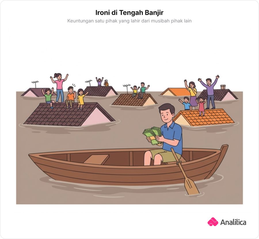 Seorang tukang perahu mendayung di tengah banjir sambil menghitung tumpukan uang dengan ekspresi tenang sementara warga lain terjebak di atas atap rumah