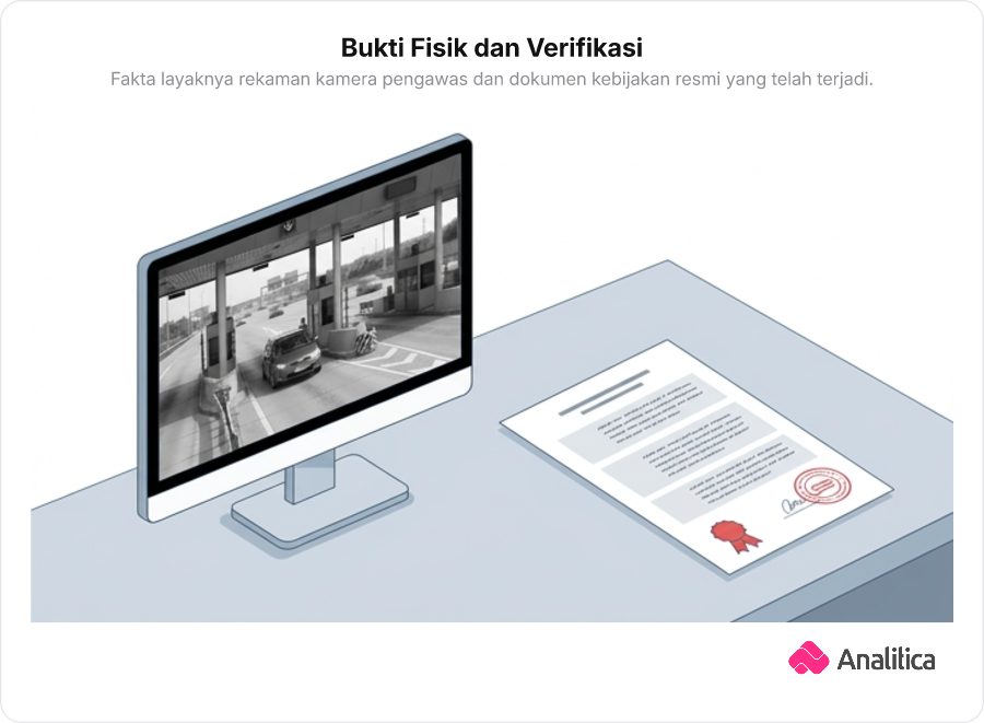 Layar monitor rekaman CCTV berdampingan dengan selembar dokumen resmi berstempel sebagai simbol bukti fisik fakta.