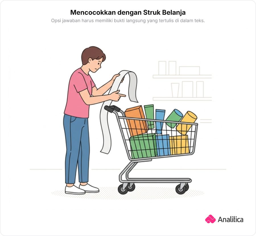 Seseorang memeriksa barang belanjaan di keranjang sambil mencocokkannya dengan struk belanja panjang.