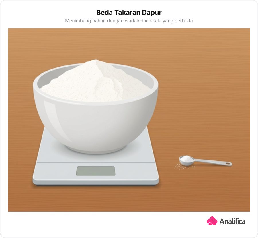 Timbangan dapur digital berisi semangkuk tepung di samping sendok takar kecil berisi sedikit garam.