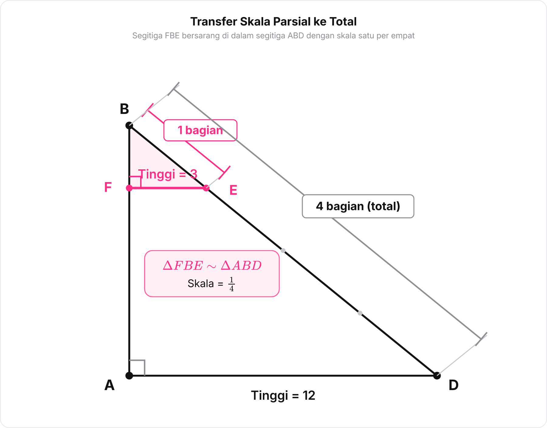 Diagram segitiga ABD dengan segitiga FBE di dalamnya menunjukkan rasio skala parsial ke total satu banding empat.