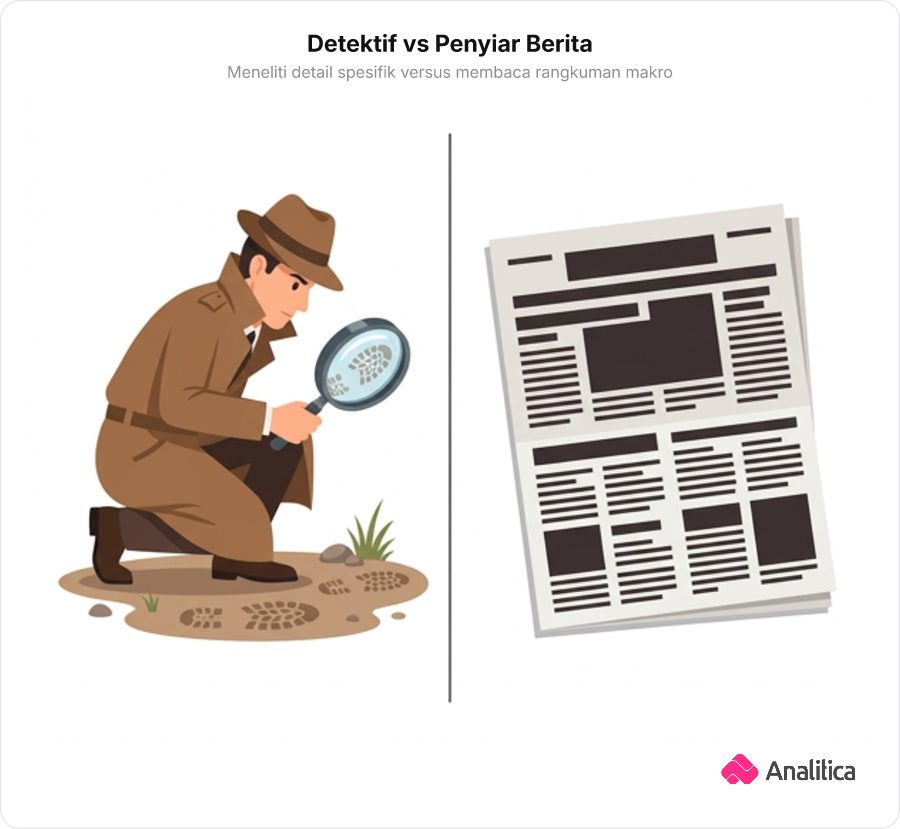Ilustrasi seorang detektif sedang meneliti jejak kaki menggunakan kaca pembesar di samping lembaran koran dengan tajuk utama besar.