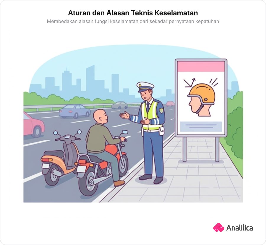 Ilustrasi seorang petugas polisi lalu lintas menegur pengendara motor tanpa helm di dekat poster keselamatan.