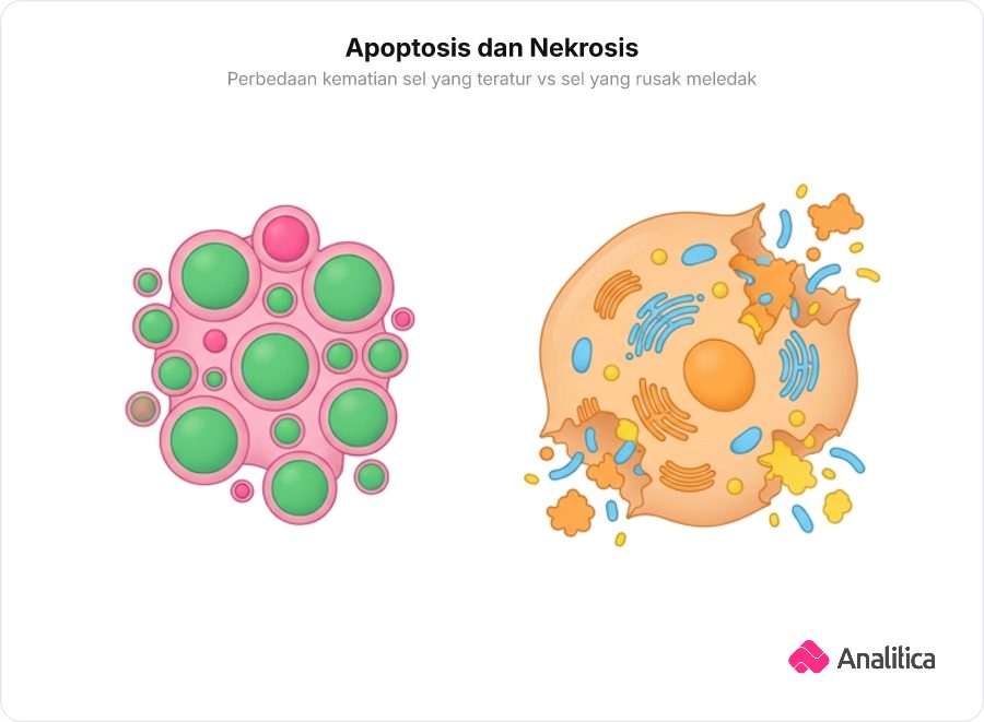 Perbandingan visual antara apoptosis yang rapi dan nekrosis yang membengkak lalu pecah