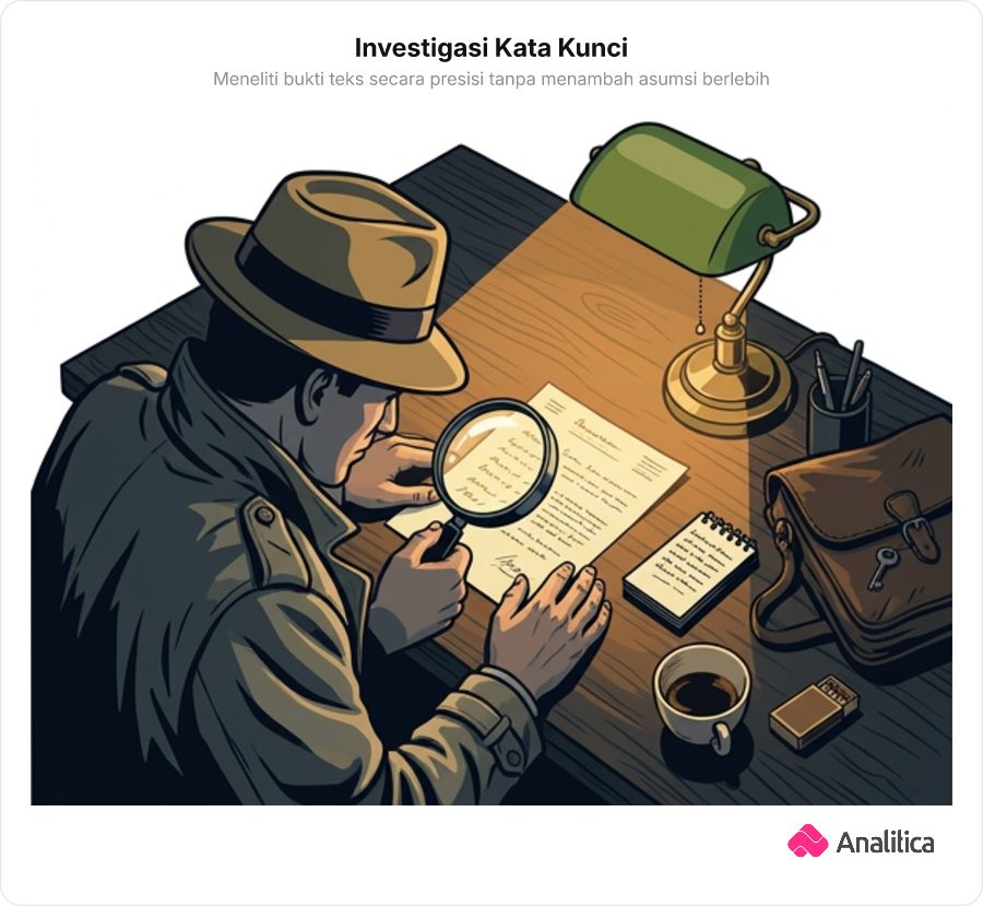 Ilustrasi detektif yang memeriksa sebaris kalimat di atas kertas menggunakan kaca pembesar secara saksama.