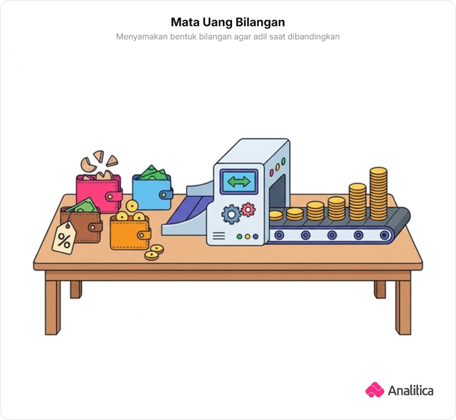 Ilustrasi analogi penukaran mata uang untuk berbagai bentuk bilangan matematika