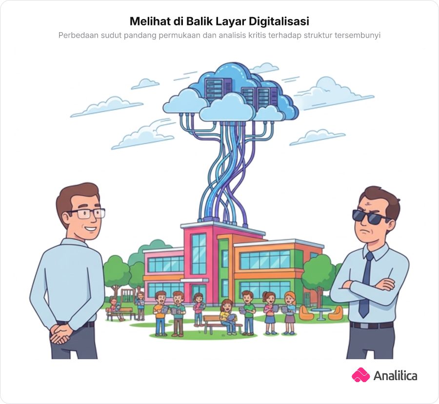 Dua detektif dengan kacamata berbeda mengamati sebuah sekolah modern; satu melihat keceriaan murid, yang lain melihat kabel data raksasa menghubungkan sekolah ke awan server.