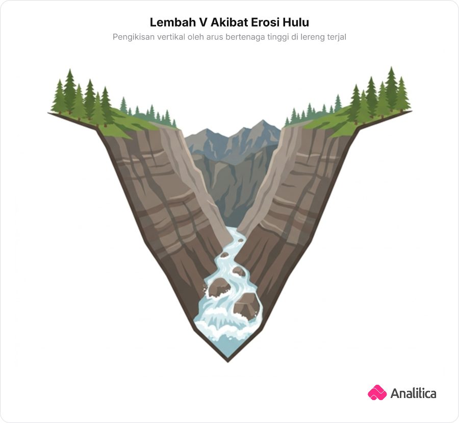 Ilustrasi penampang lembah pegunungan curam dengan arus air menggerus dasar membentuk huruf V yang tajam.