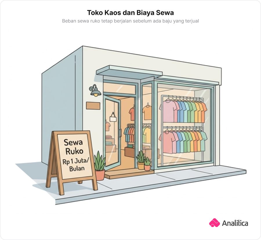 Ilustrasi distro kaos sederhana dengan papan biaya sewa ruko satu juta per bulan.