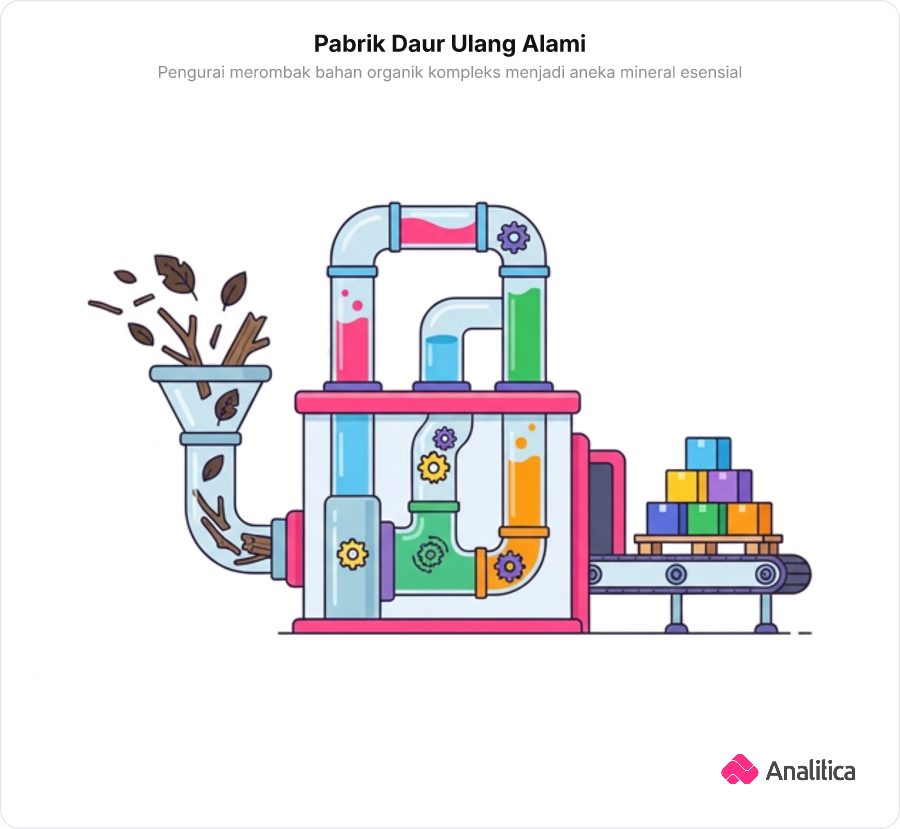 Ilustrasi analogi pabrik daur ulang sampah kota yang mengolah materi organik menjadi kotak-kotak elemen nutrisi beragam warna