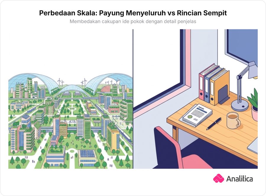 Perbandingan visual dua sudut pandang berskala kontras antara lanskap makro kota hijau dan bidikan mikro dokumen kantor.