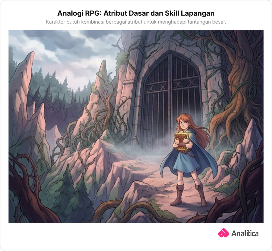 Ilustrasi karakter game RPG dengan atribut dasar tinggi menghadapi tantangan dunia luar yang rumit.