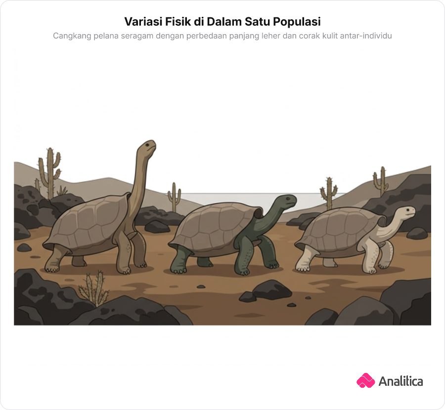 Ilustrasi tiga ekor kura-kura bercangkang pelana dengan variasi leher dan corak kulit di pesisir kering kepulauan Galapagos.