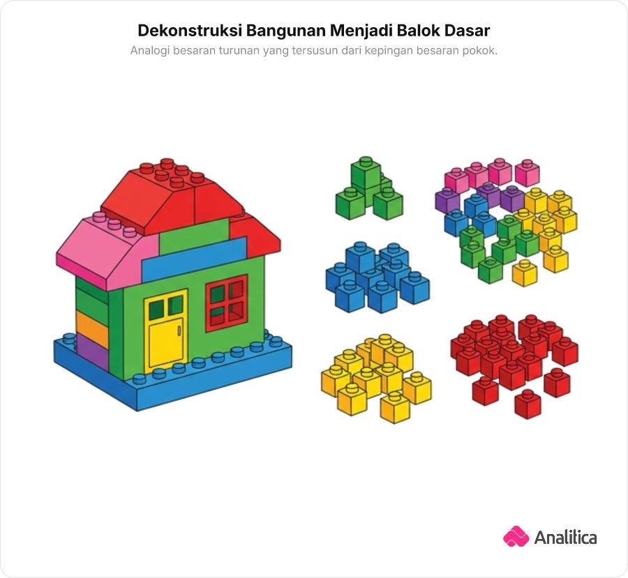 Sebuah miniatur rumah dari balok Lego berdampingan dengan tumpukan balok satuan yang terurai.