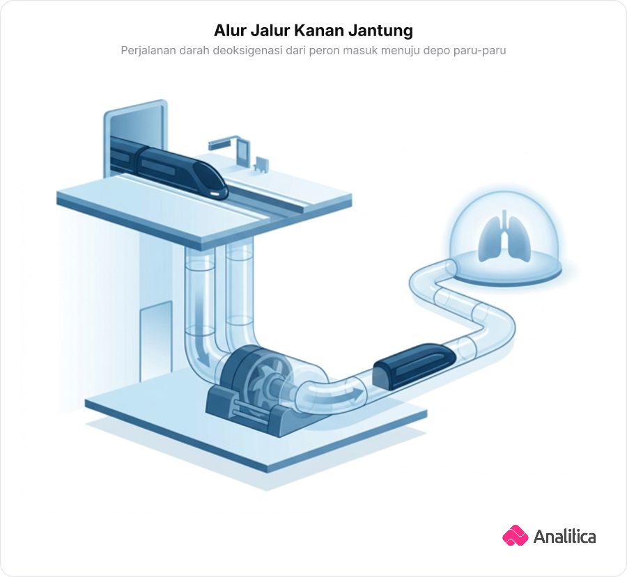 Ilustrasi konseptual stasiun bertema biru dengan kereta darah masuk ke peron atas lalu didorong ke arah instalasi pembersih paru-paru.