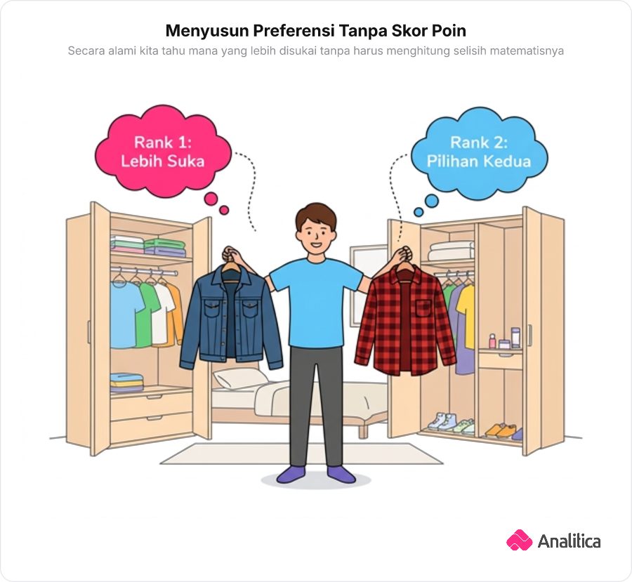 Ilustrasi seseorang di depan lemari pakaian menimbang dua outfit dengan gelembung pikiran berisi peringkat preferensi.