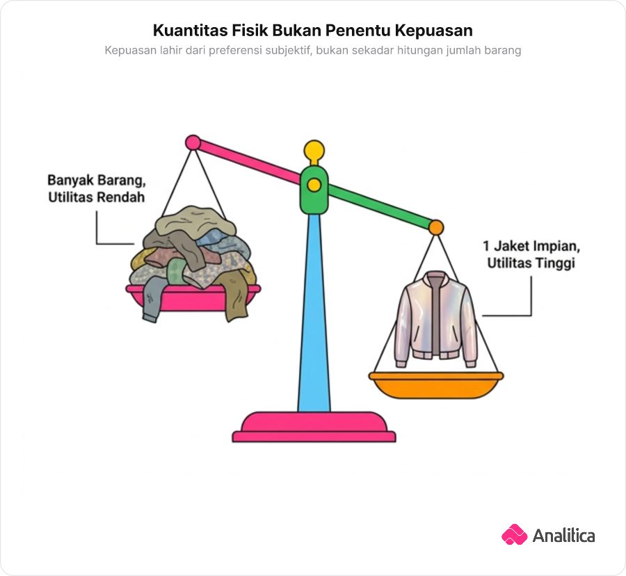 Ilustrasi timbangan kepuasan yang menunjukkan satu jaket favorit berkualitas lebih bernilai dibanding tumpukan banyak baju yang tidak disukai.
