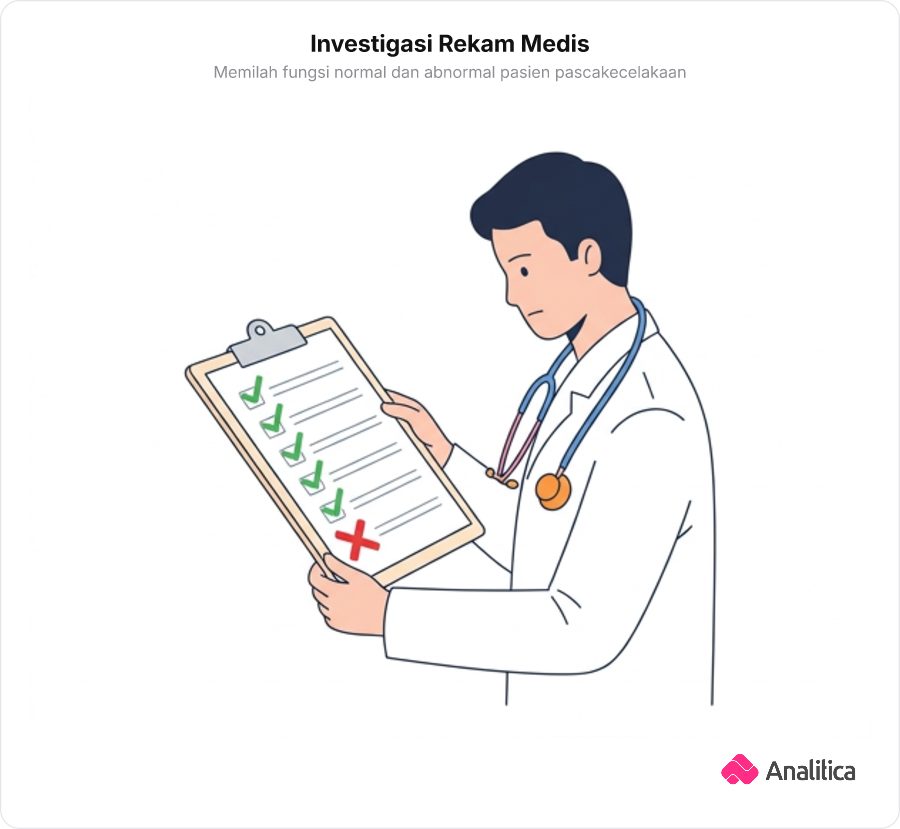 Dokter memeriksa papan rekam medis dengan tanda centang pada kesadaran dan sensorik serta tanda silang pada keseimbangan gerak.