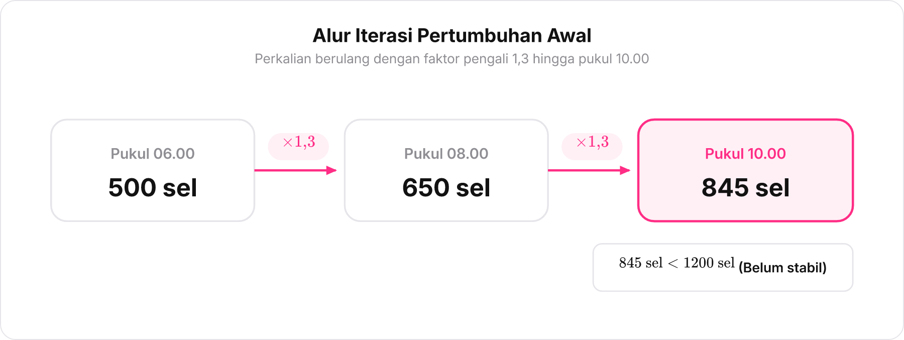 Diagram alir iterasi pertumbuhan dari populasi 500 sel pada pukul 06.00 hingga 845 sel pada pukul 10.00 dengan faktor pengali 1,3.
