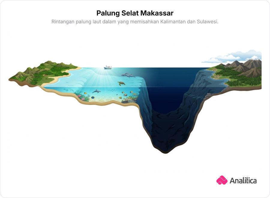 Penampang bawah laut dari pesisir Kalimantan yang dangkal menuju palung laut dalam di Selat Makassar ke arah Sulawesi.