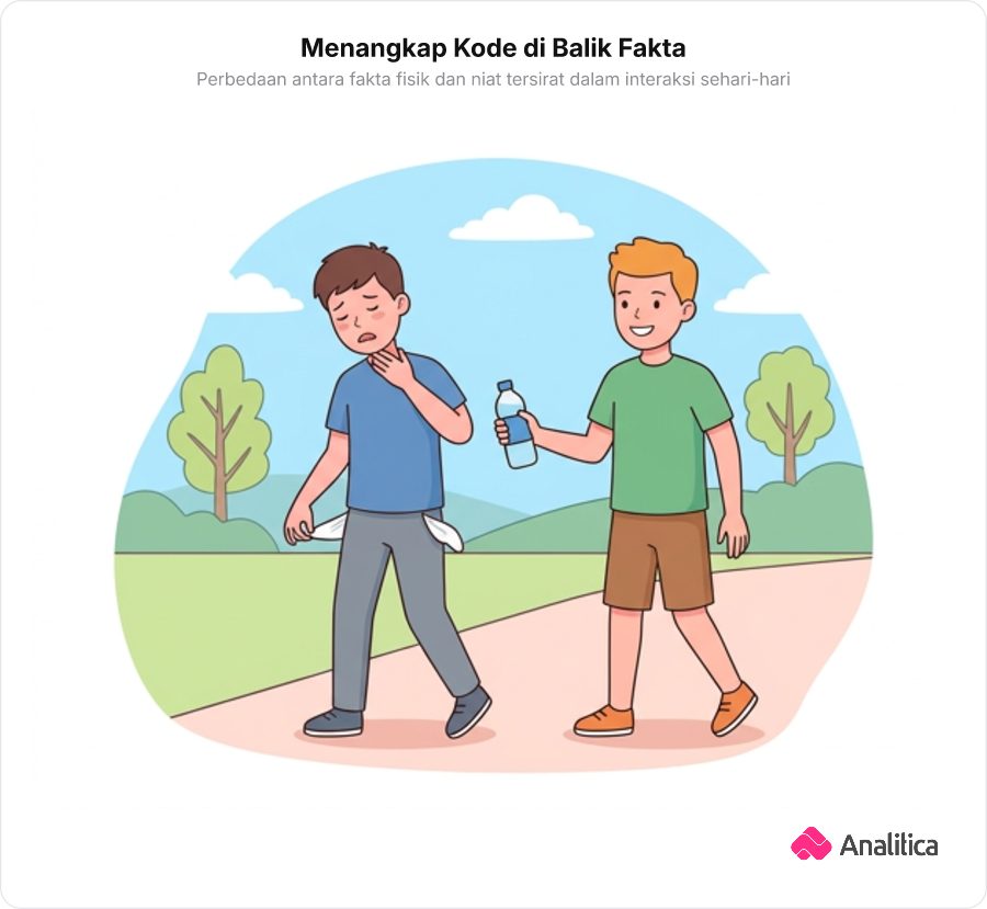 Ilustrasi dua orang remaja di mana satu orang haus dengan saku kosong dan temannya menyodorkan botol minum.