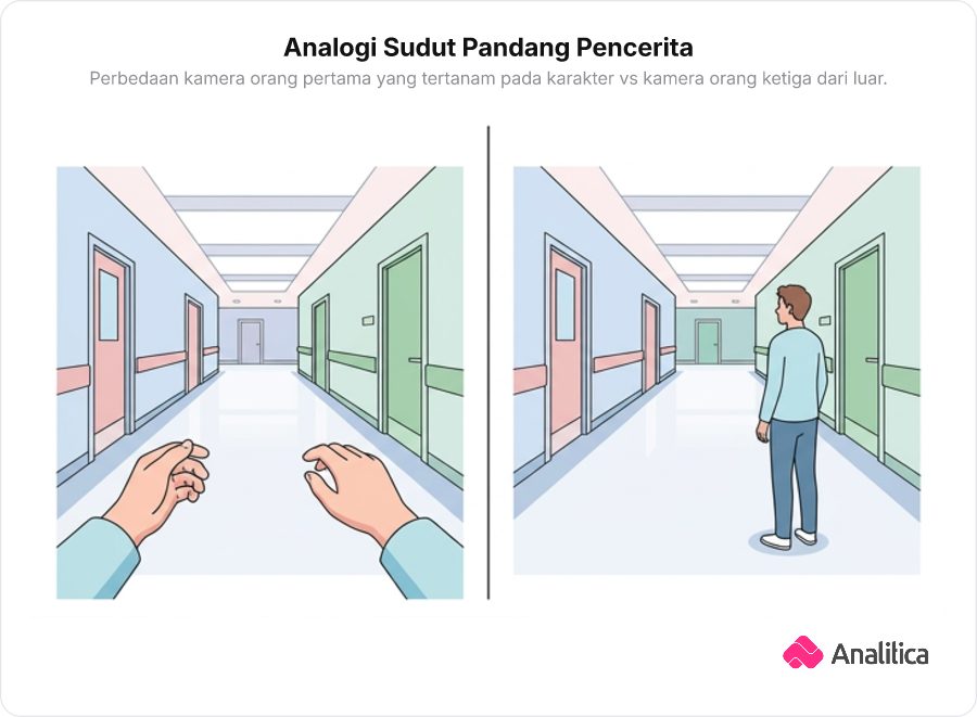 Ilustrasi perbandingan sudut pandang orang pertama menyerupai game FPS di sisi kiri dan sudut pandang luar kamera penonton di sisi kanan.