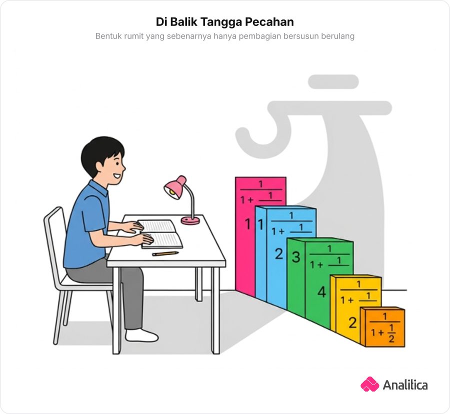 Ilustrasi seorang siswa menatap rumus tangga pecahan yang tampak rumit, namun bayangan di belakangnya menampilkan simbol pembagian bersusun porogapit yang sederhana dan ramah.