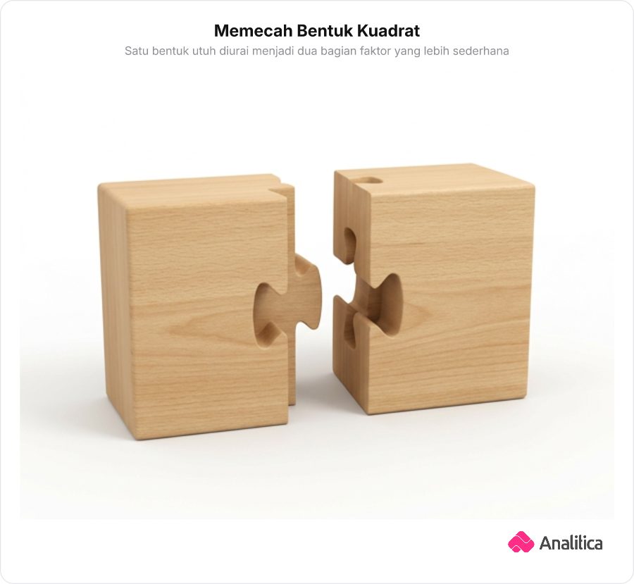 Ilustrasi balok kayu yang terpisah rapi menjadi dua kepingan teka-teki yang saling melengkapi.