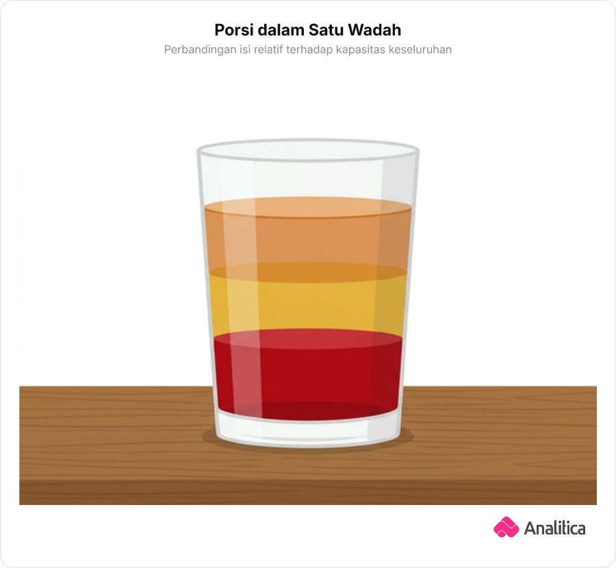 Gelas ukur kaca dengan lapisan tiga cairan berbeda warna yang menunjukkan porsi volume bertingkat tanpa teks atau angka