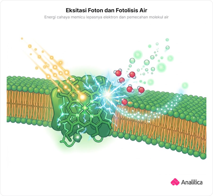 Ilustrasi mikroskopis proses fotolisis air oleh foton cahaya di klorofil fotosistem.