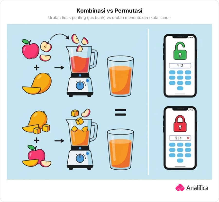 Perbandingan antara kombinasi memasukkan apel dan mangga ke dalam blender dengan permutasi memasukkan angka sandi pada layar kunci ponsel.